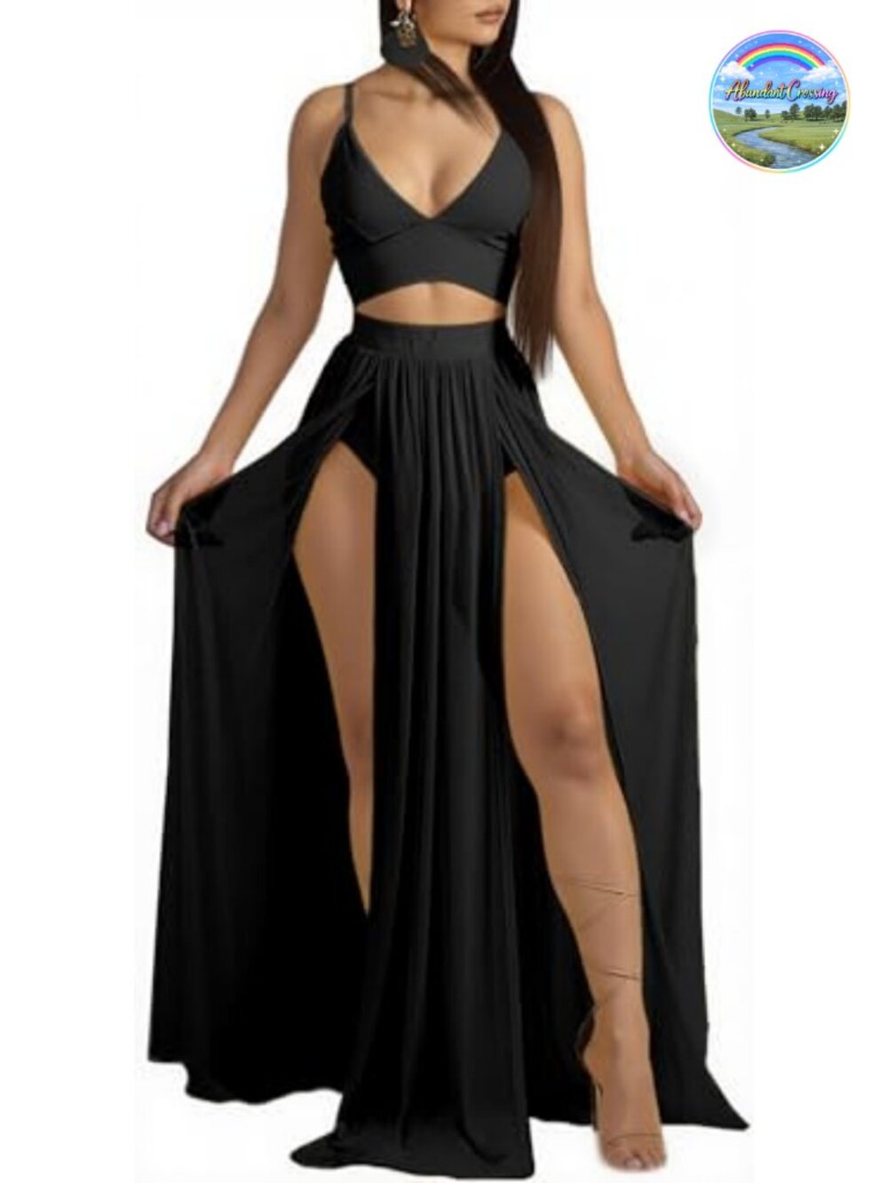 Women's Chiffon 2-Piece Maxi Skirt Set with High Slit, Spaghetti Strap Crop